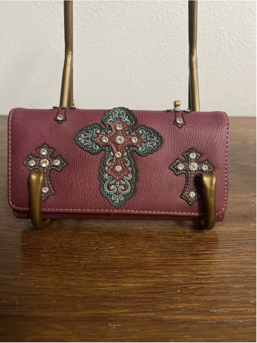Montana West Burgundy Cross Wallet NWT Rhinestone Studded Western Coin Zipper